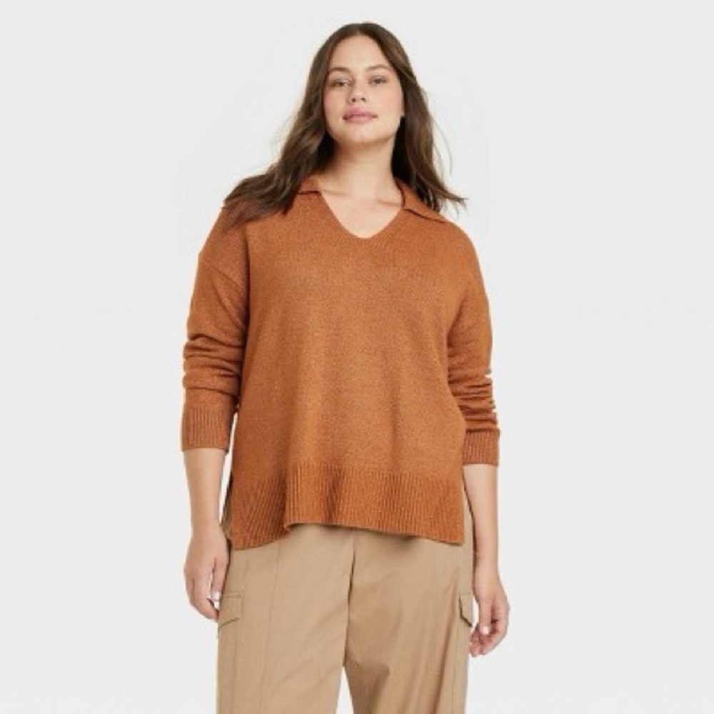 AVA & VIV WOMENS Women's Collared V-Neck Pullover Sweater XXL BRONZE color